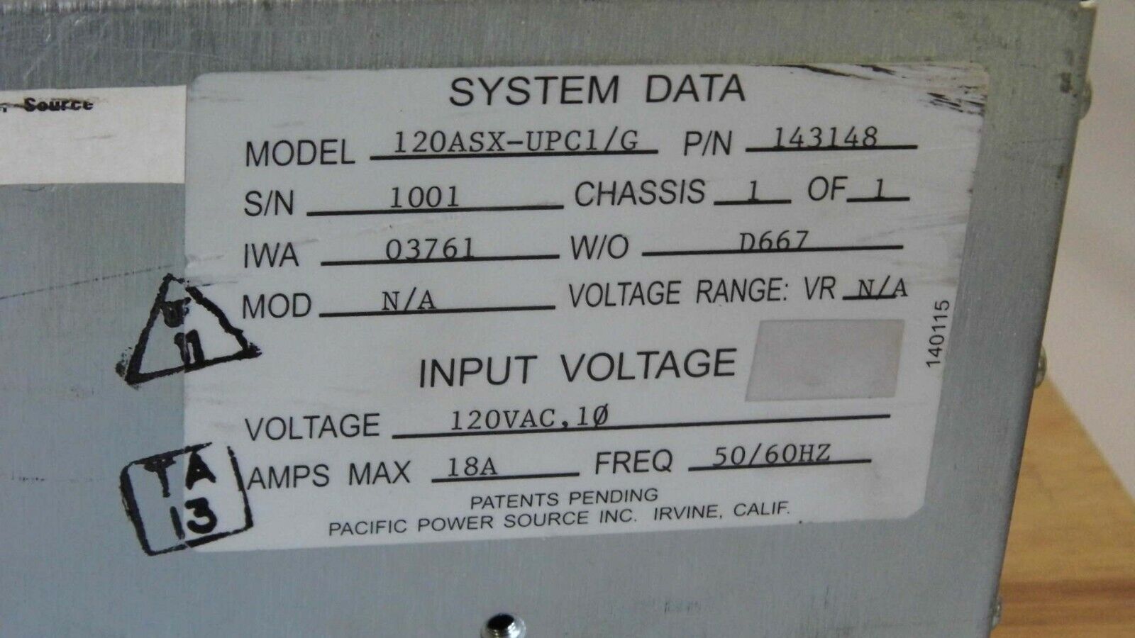 Pacific Power 120ASX-UPC1/G 2KVA 15-1200Hz 1 phase AC Power Source Pacific Power 120ASX-UPC1/G 2KVA 15-1200Hz 1 phase AC Power Source